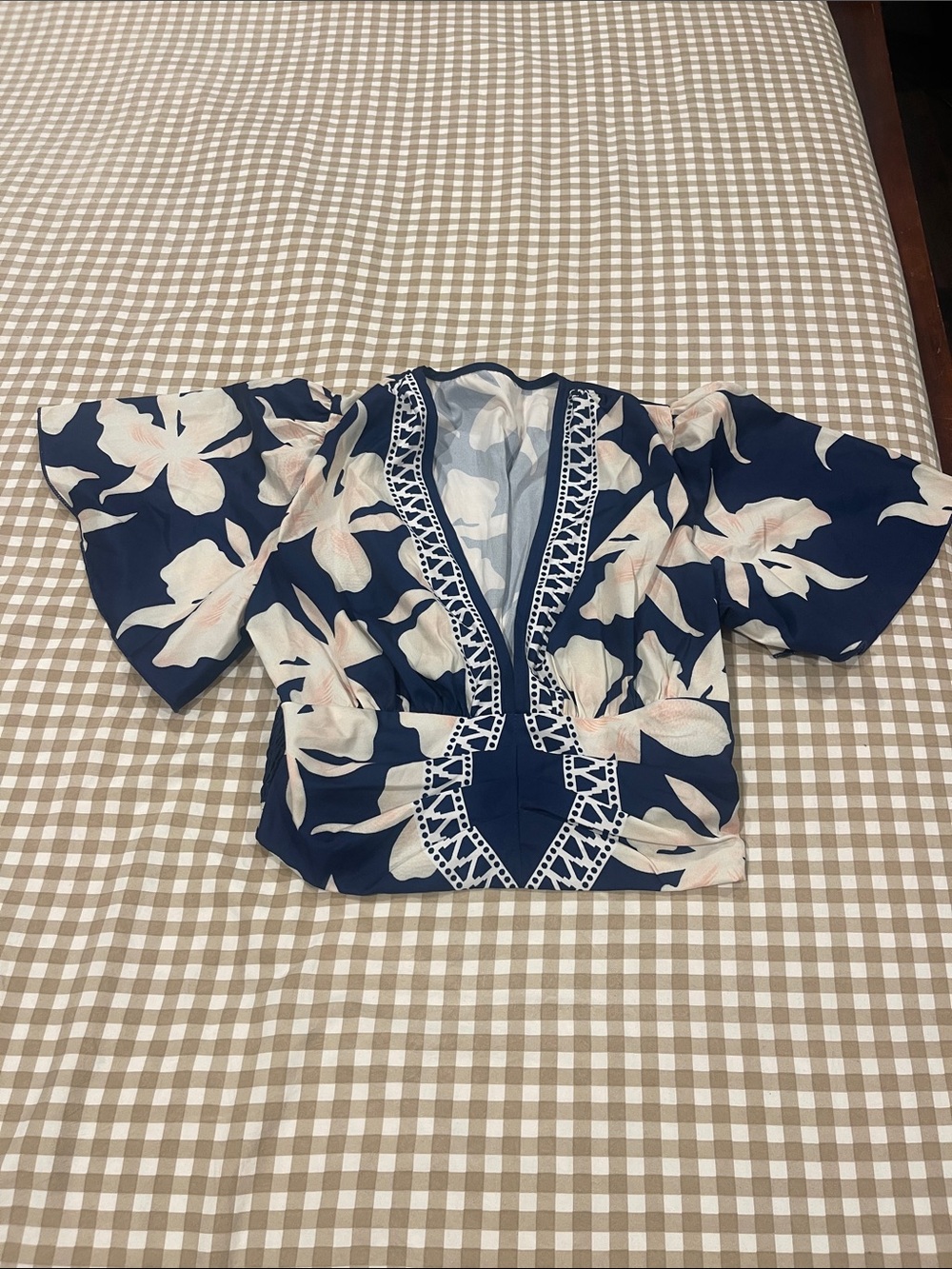 SHEIN Navy Floral V-Neck Blouse with Embroidered Trim